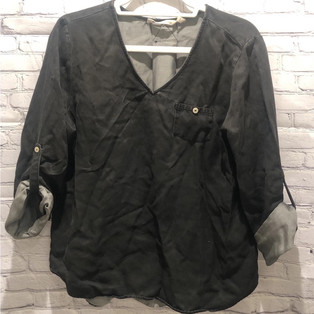 Soft Surroundings Charcoal Chambray  Blouse with Roll tab sleeves petite medium